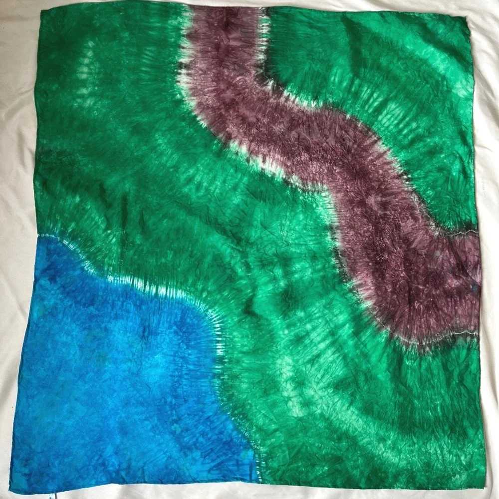 Vintage Silk Scarf Green Blue Abstract Tie Dye Square 34x32